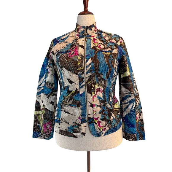 Darling Chico's Jacket Multi-Color Abstract w Metallic 4 Zipper Pockets Close M - Picture 1 of 8